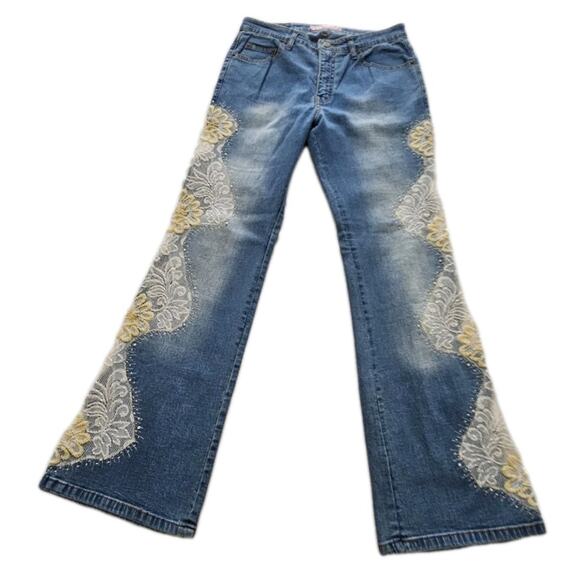 Sassy Thai Jeans Womens Embellished Beads Flowers Rhinestones Mid Rise 10 Flare - Picture 1 of 14